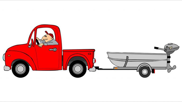 Drawing of red truck with guy inside pulling a trailered boat