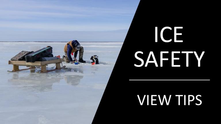 Ice safety tips (image shows person ice fishing)