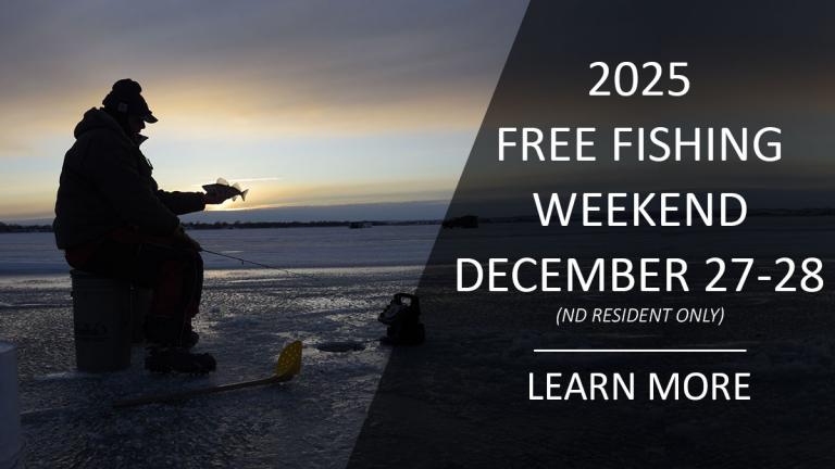 Free fishing weekend news release (Image: Ice angler sitting on bucket holding fish.)