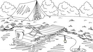 Drawing of tent and fishing dock