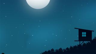 Drawing of hunting shack at night with moon in sky
