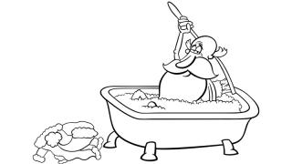 Line drawing of Santa Claus in a bathtub
