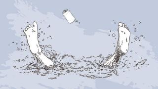 Drawing of the feet of someone who fell in the water with a can flying
