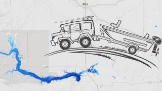 Map of Lake Sakakawea with drawing of truck towing a boat overlaid
