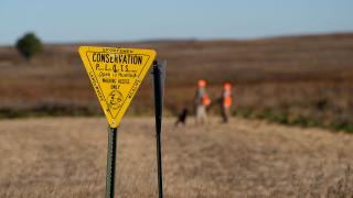 PLOTS sign in a field with hunters in the background