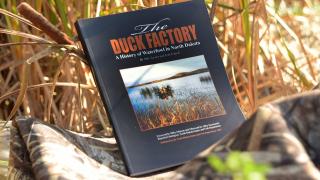 "The Duck Factory" book lying on waders in the field