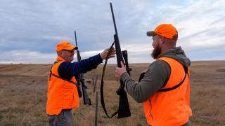 Hunters passing guns over a fence